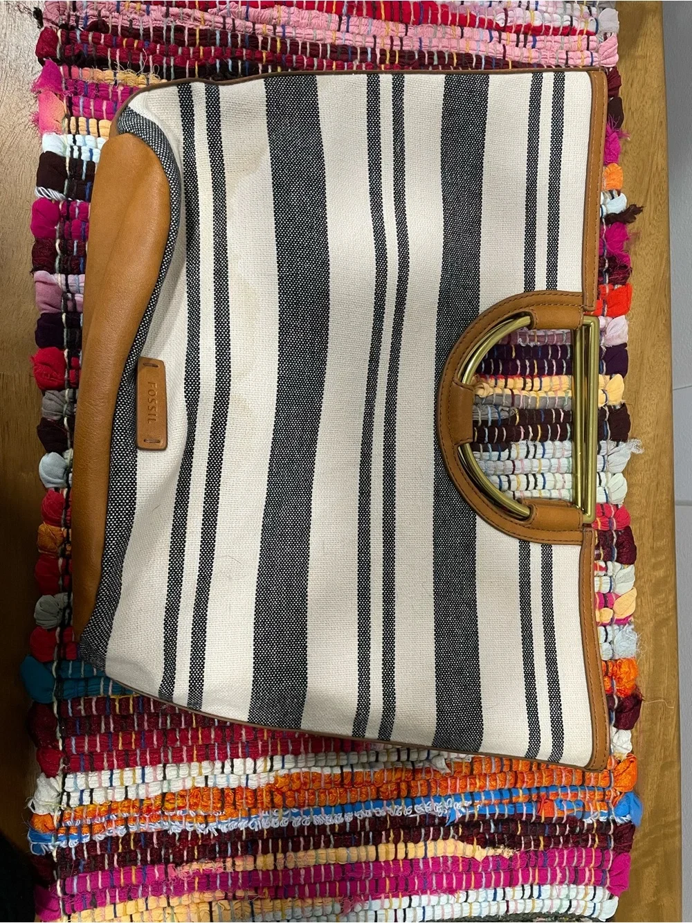 Fossil Black-and-White Striped Canvas Clutch with Tan Leather Trim